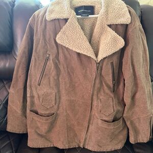 Moda International Brown Suede-Look Jacket with Cream Sherpa Collar